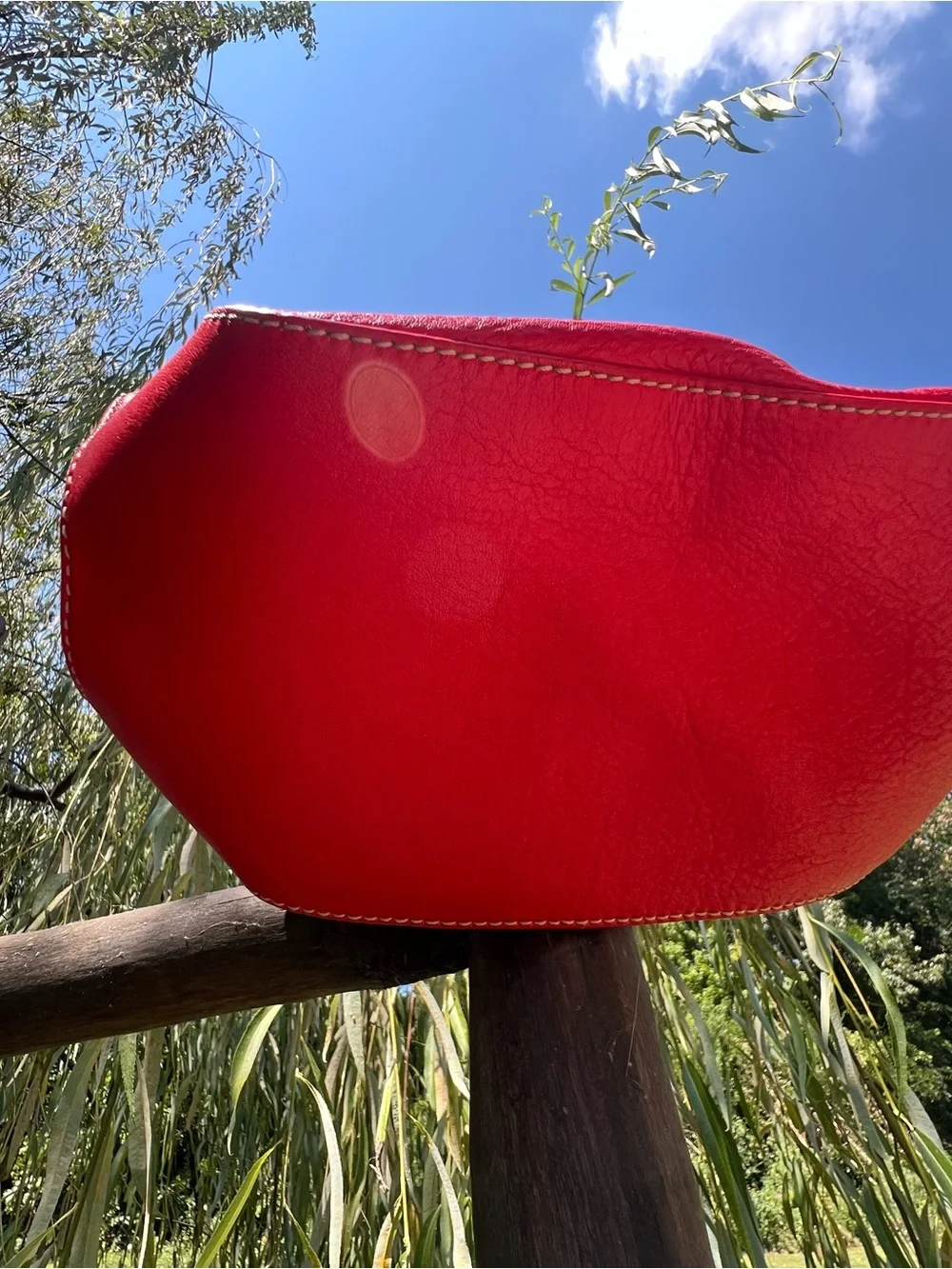 Vintage kate spade Bright Red Pebbled Leather Shoulder Bag with Brown Accents